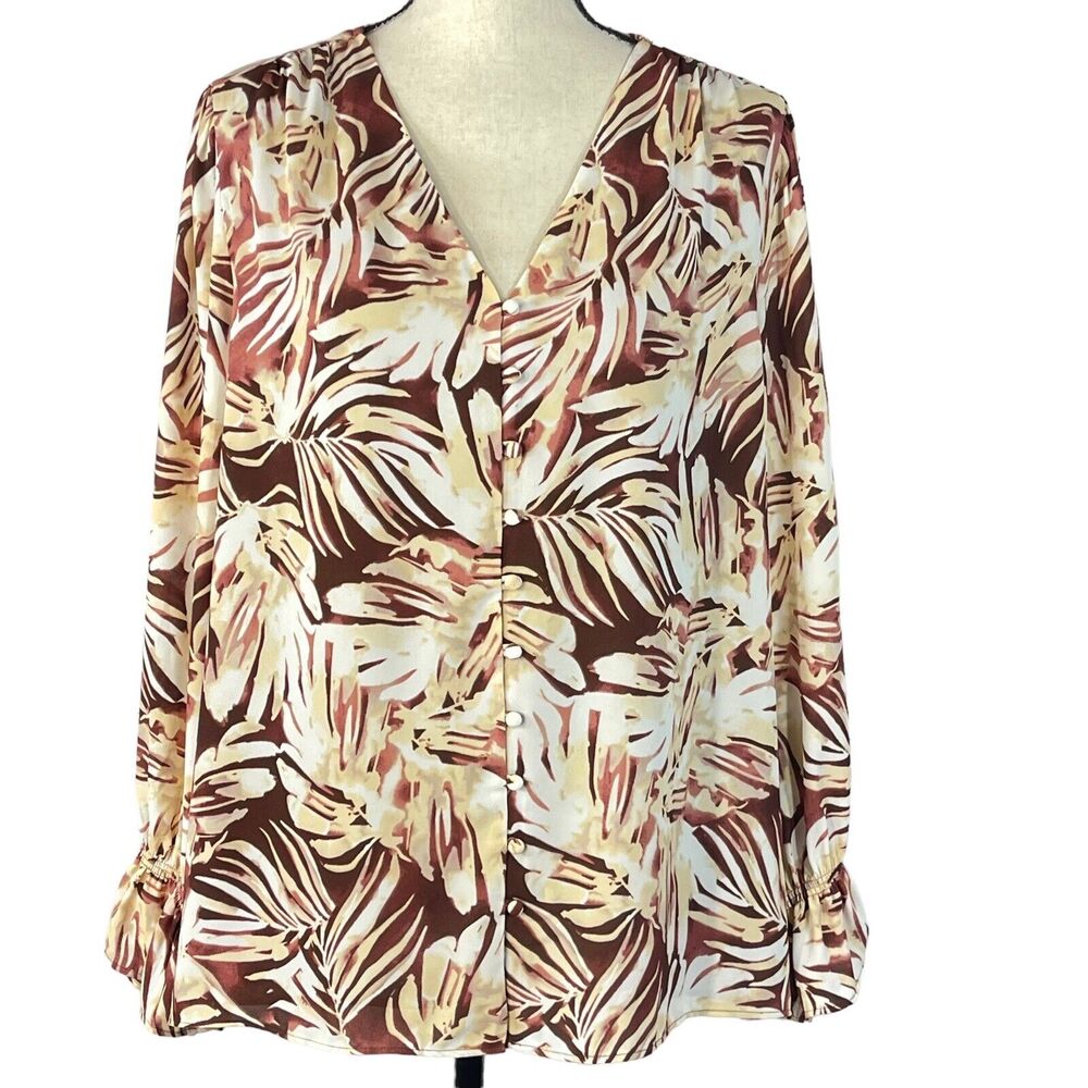 Alfani Large Top Button-Up V-Neck Long Bell Sleeves V-Neck Leaf Print New